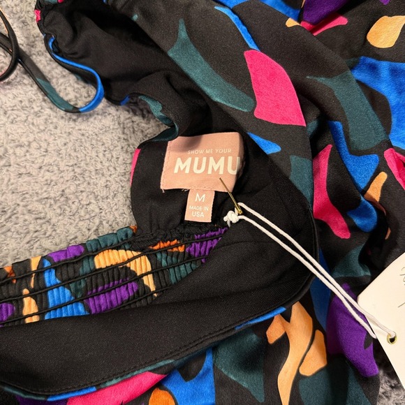 Show Me Your Mumu Dress Womens Medium Black Multi Puff Sleeve Mini Wrap Made USA - Picture 8 of 10